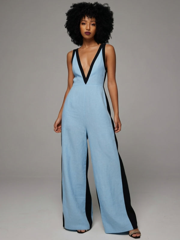 Contrast V-Neck Sleeveless Jumpsuit