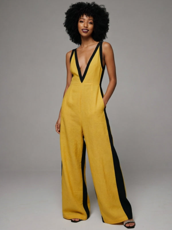 Contrast V-Neck Sleeveless Jumpsuit