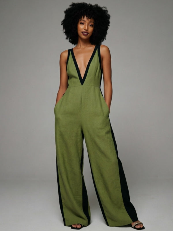 Contrast V-Neck Sleeveless Jumpsuit