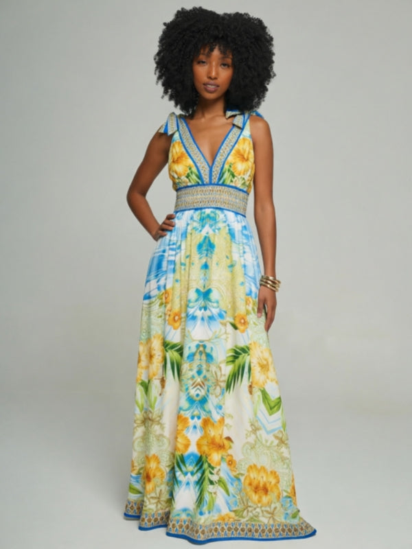 Printed V-Neck Tie-Shoulder Dress