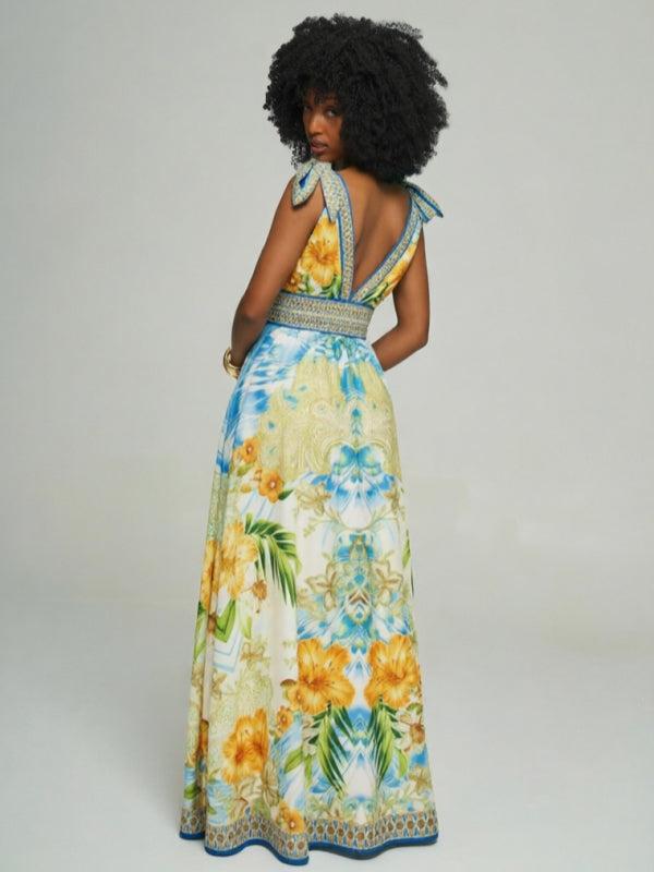 Printed V-Neck Tie-Shoulder Dress