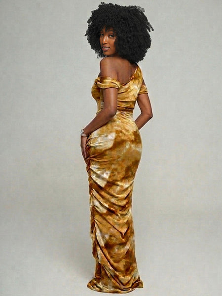 Printed Boat-Neck Ruched Dress