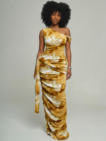 Printed Boat-Neck Ruched Dress
