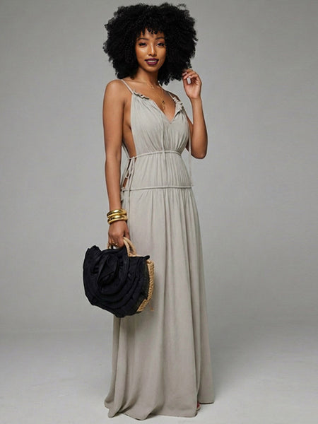 Solid Tied Ruched Maxi Dress
