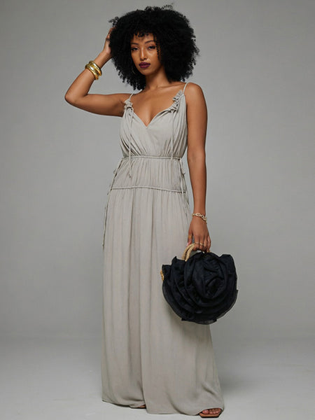 Solid Tied Ruched Maxi Dress