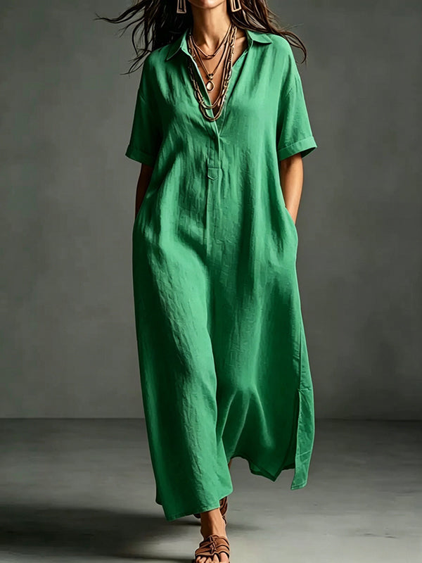Solid Side-Slit Shirt Dress