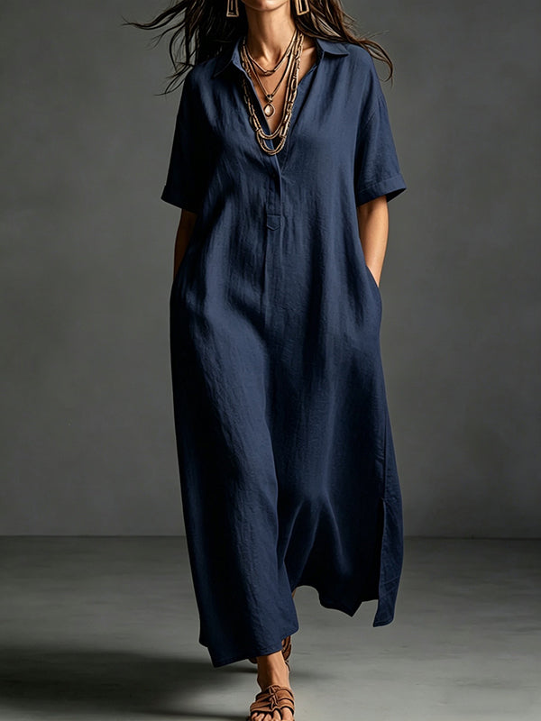 Solid Side-Slit Shirt Dress