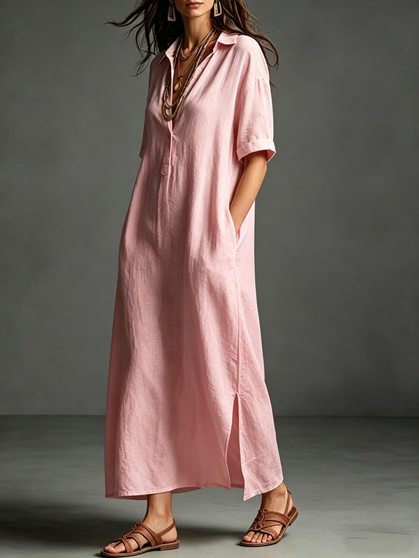 Solid Side-Slit Shirt Dress