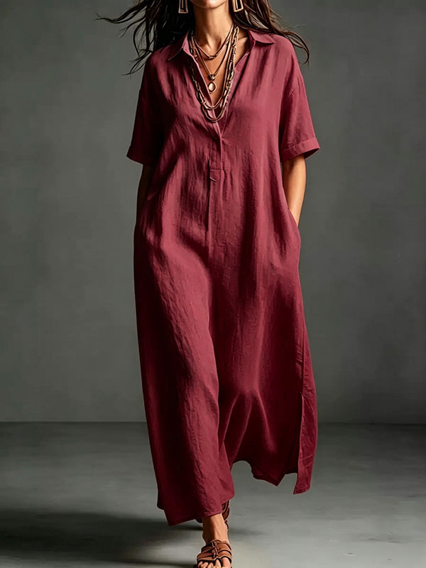 Solid Side-Slit Shirt Dress