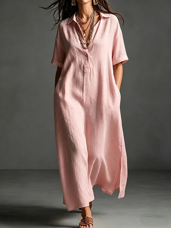 Solid Side-Slit Shirt Dress