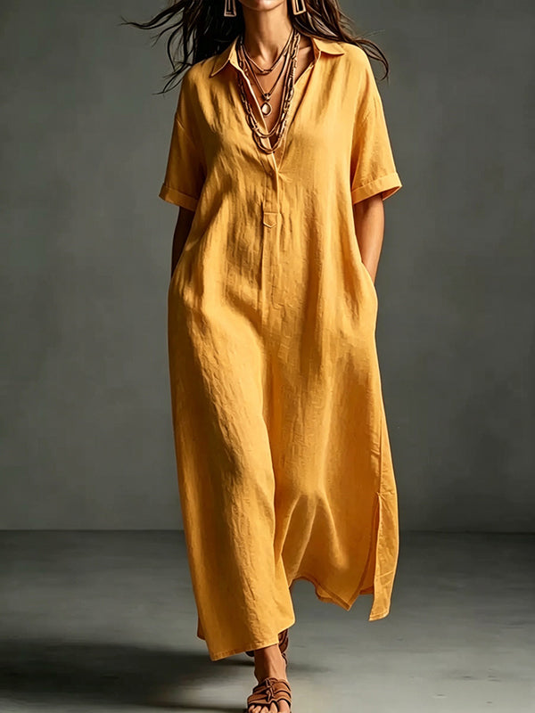 Solid Side-Slit Shirt Dress