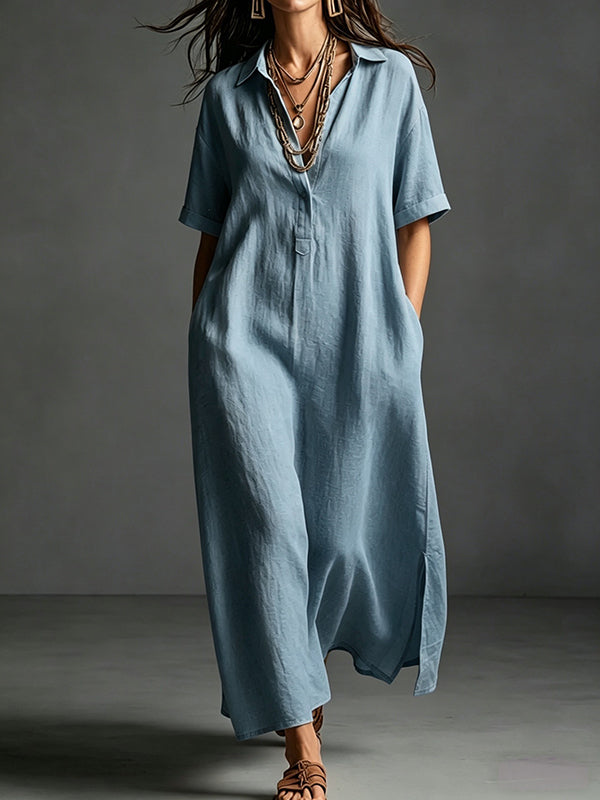 Solid Side-Slit Shirt Dress