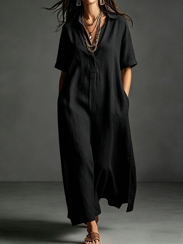 Solid Side-Slit Shirt Dress