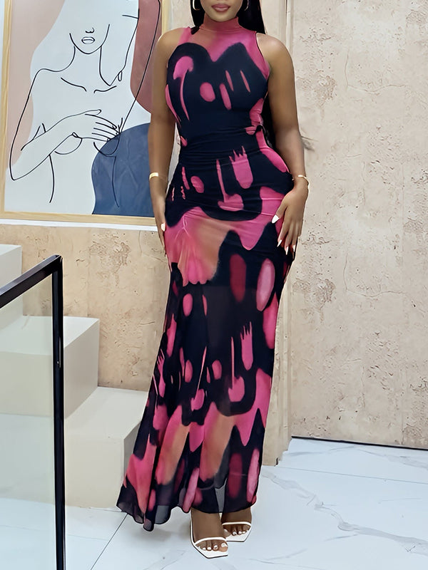 Printed Mock-Neck Sleeveless Maxi Dress
