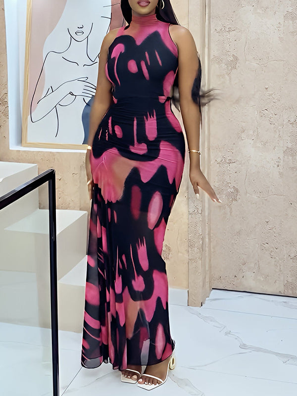 Printed Mock-Neck Sleeveless Maxi Dress