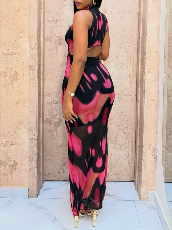 Printed Mock-Neck Sleeveless Maxi Dress