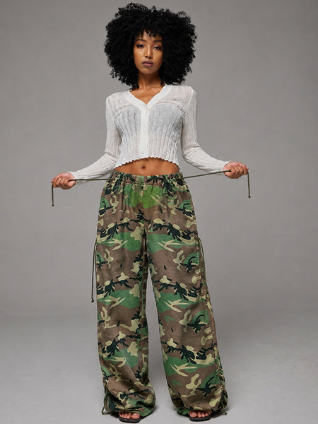 Camo Drawstring Wide-Leg Pants