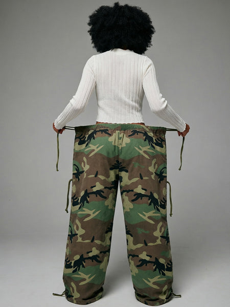 Camo Drawstring Wide-Leg Pants