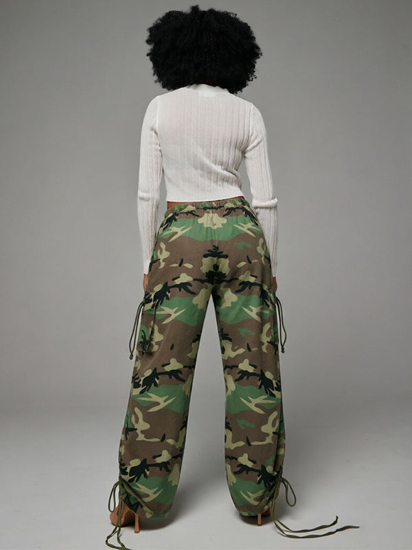Camo Drawstring Wide-Leg Pants