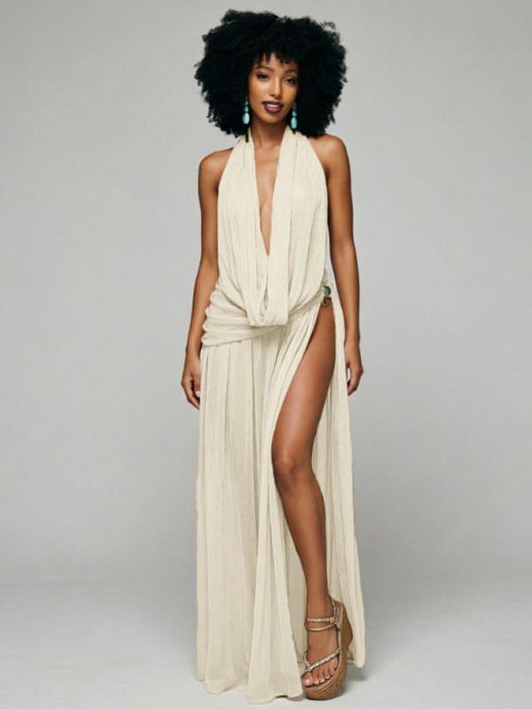 Cowl-Neck Halter Top & Slit Skirt Set