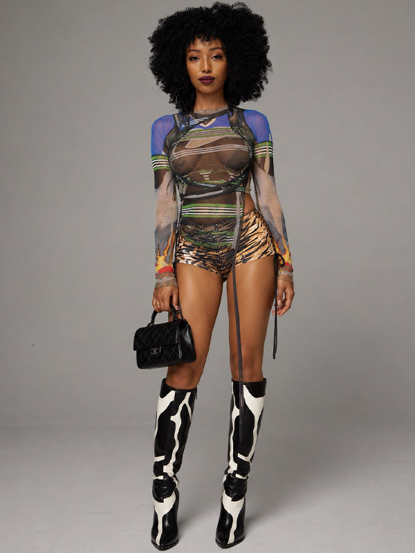 Printed Sheer Slit Top