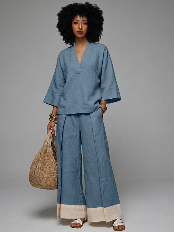 V-Neck Top & Wide-Leg Pants Set