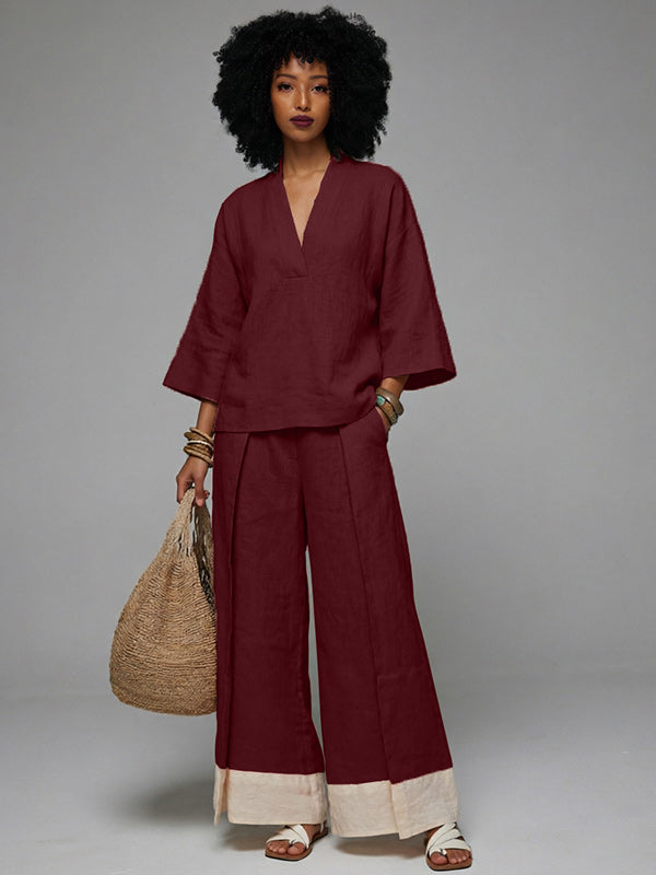 V-Neck Top & Wide-Leg Pants Set