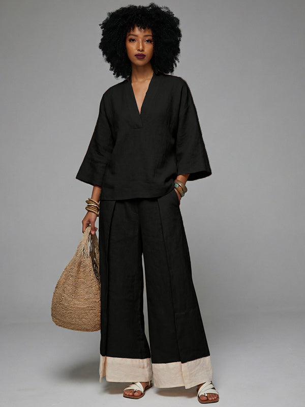 V-Neck Top & Wide-Leg Pants Set