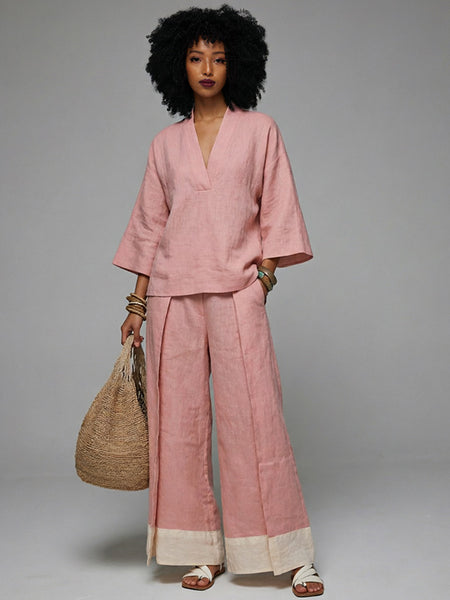 V-Neck Top & Wide-Leg Pants Set