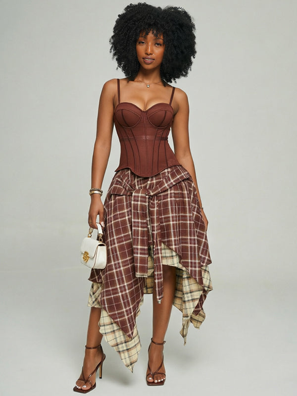 Plaid Tied Asymmetric Skirt