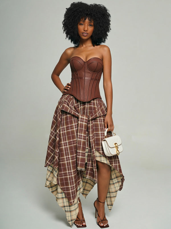 Plaid Tied Asymmetric Skirt