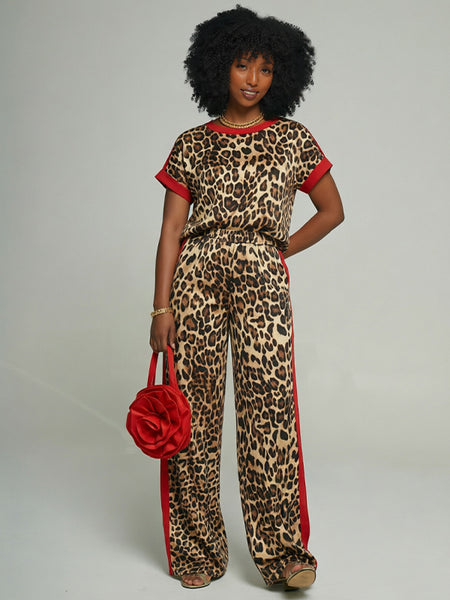 Contrast Leopard Top & Pants Set
