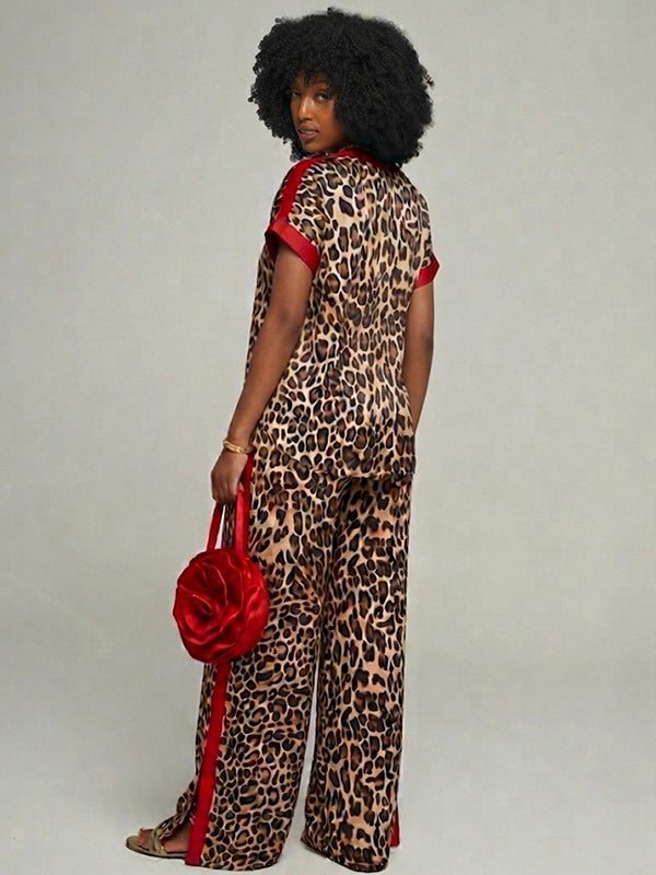 Contrast Leopard Top & Pants Set