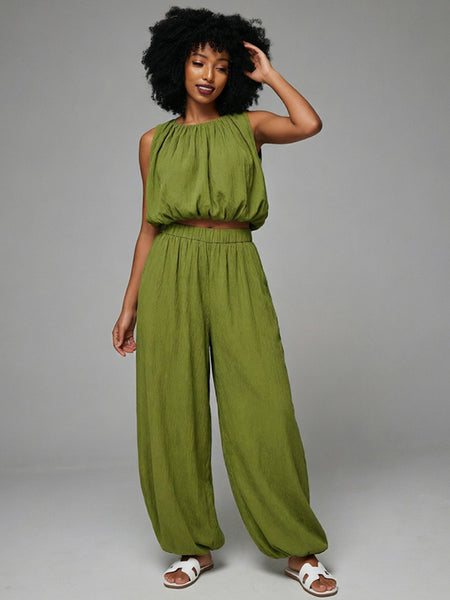 Solid Tank Top & Wide-Leg Jogger Pants Set