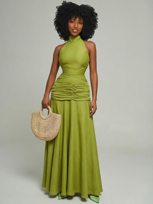 Solid Ruched Sleeveless Maxi Dress