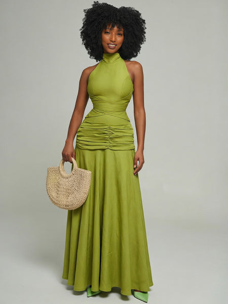 Solid Ruched Sleeveless Maxi Dress