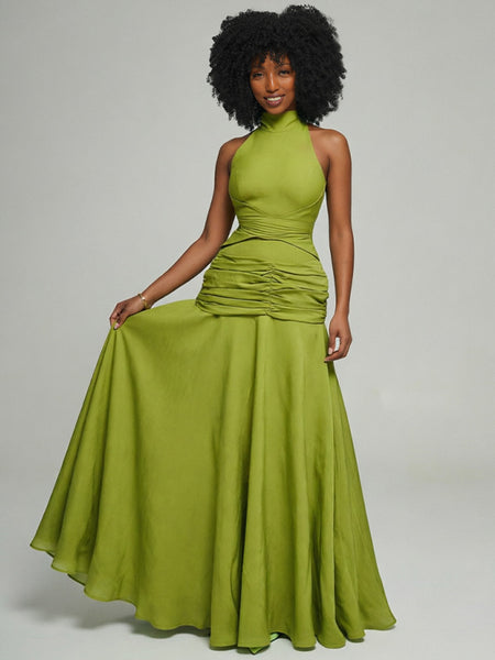 Solid Ruched Sleeveless Maxi Dress