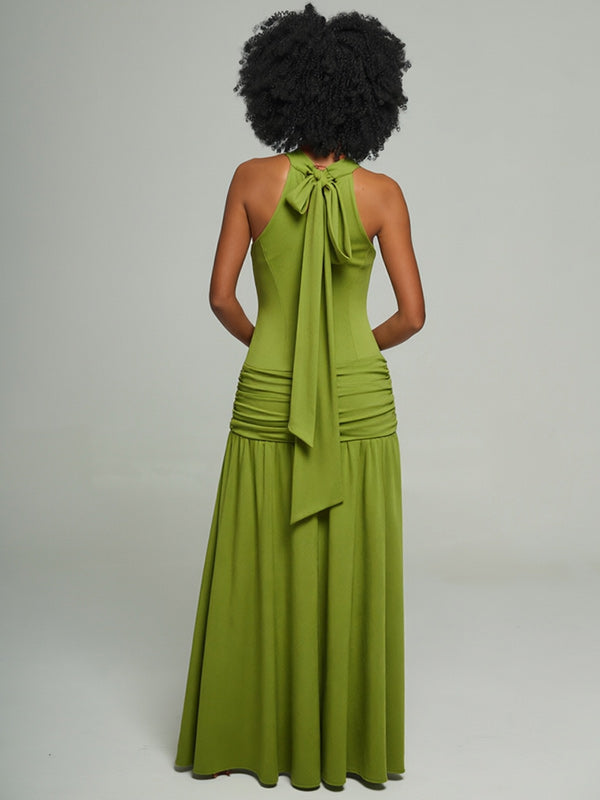 Solid Ruched Sleeveless Maxi Dress