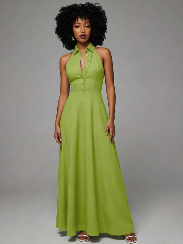 Solid Button-Front Halter Dress