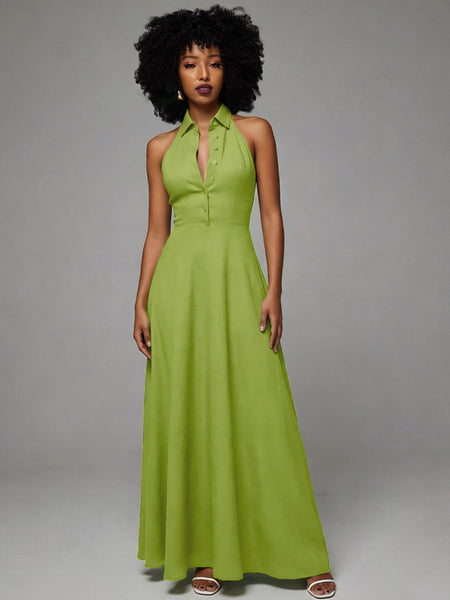 Solid Button-Front Halter Dress