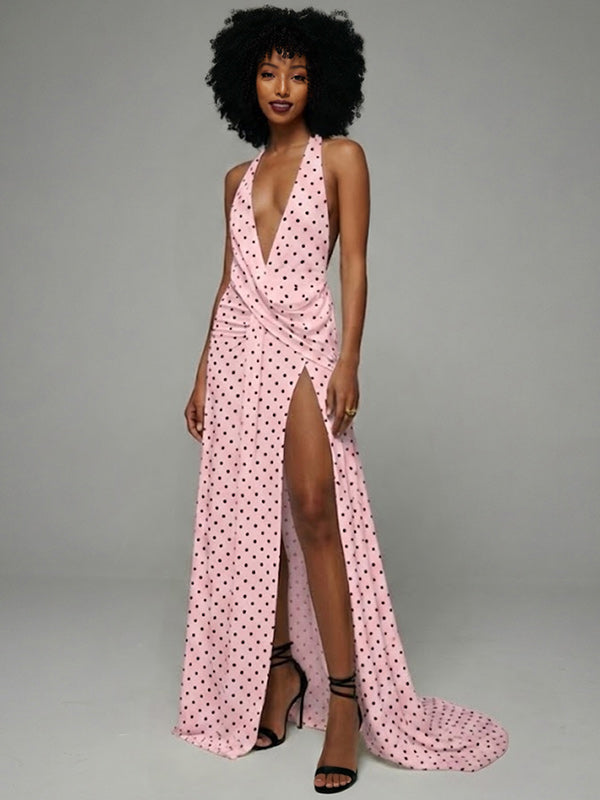 Dot Slit Halter Dress