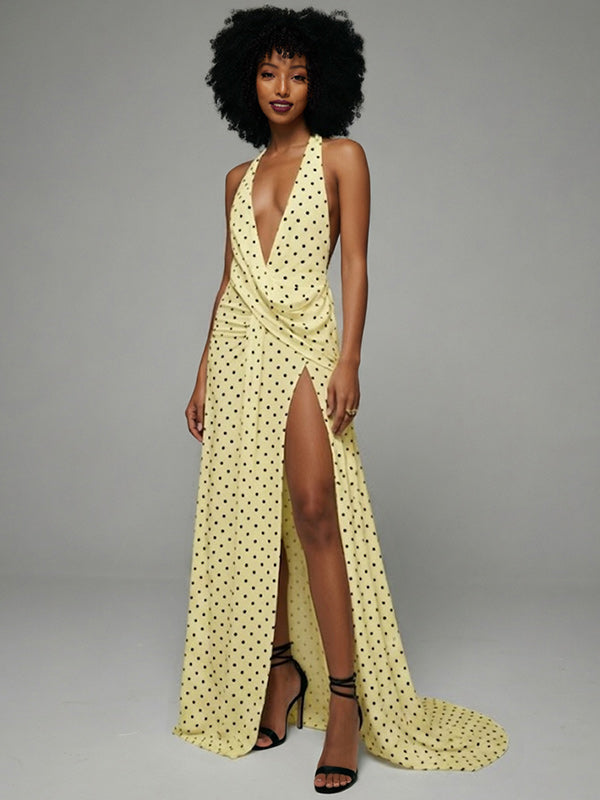 Dot Slit Halter Dress