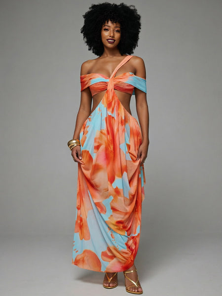 Printed Off-Shoulder Cutout Dress