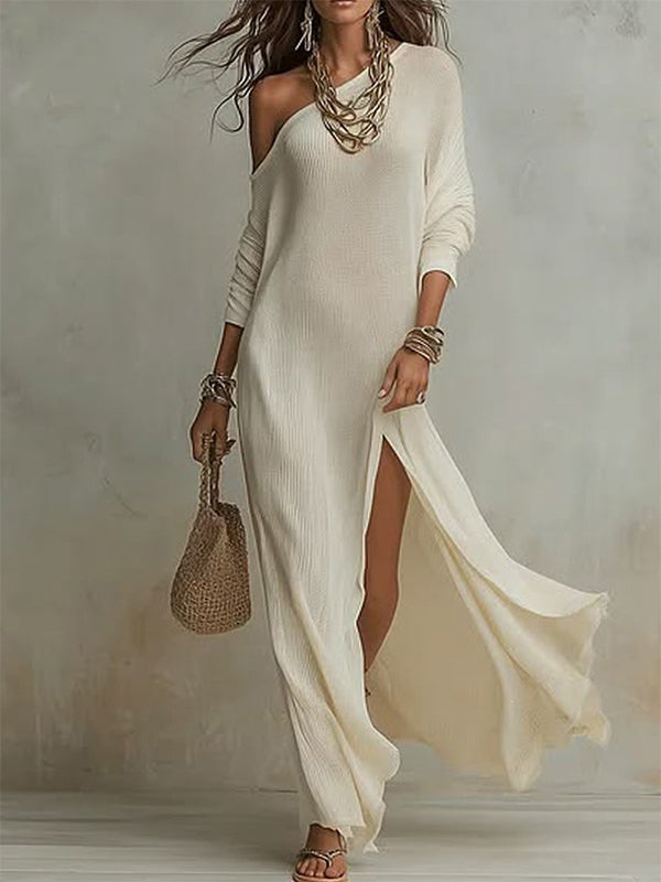 Solid Boat-Neck Slit Dress