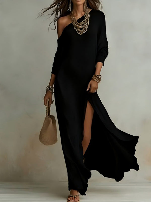 Solid Boat-Neck Slit Dress