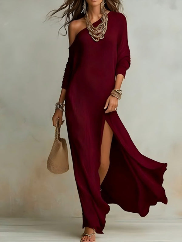 Solid Boat-Neck Slit Dress