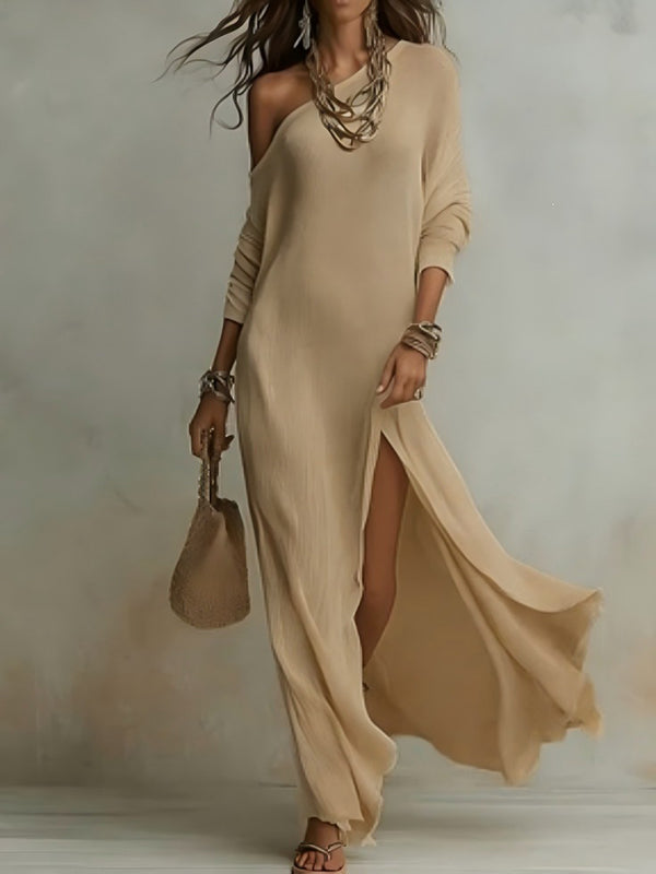 Solid Boat-Neck Slit Dress
