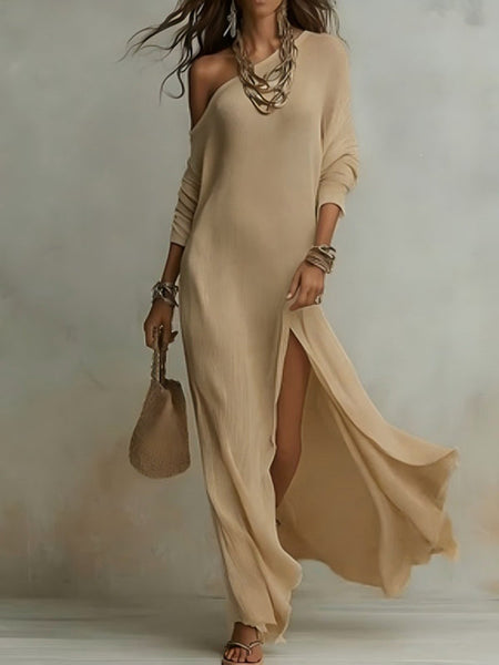 Solid Boat-Neck Slit Dress