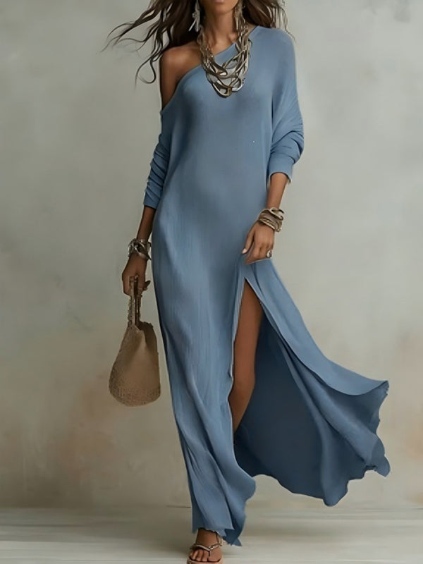 Solid Boat-Neck Slit Dress
