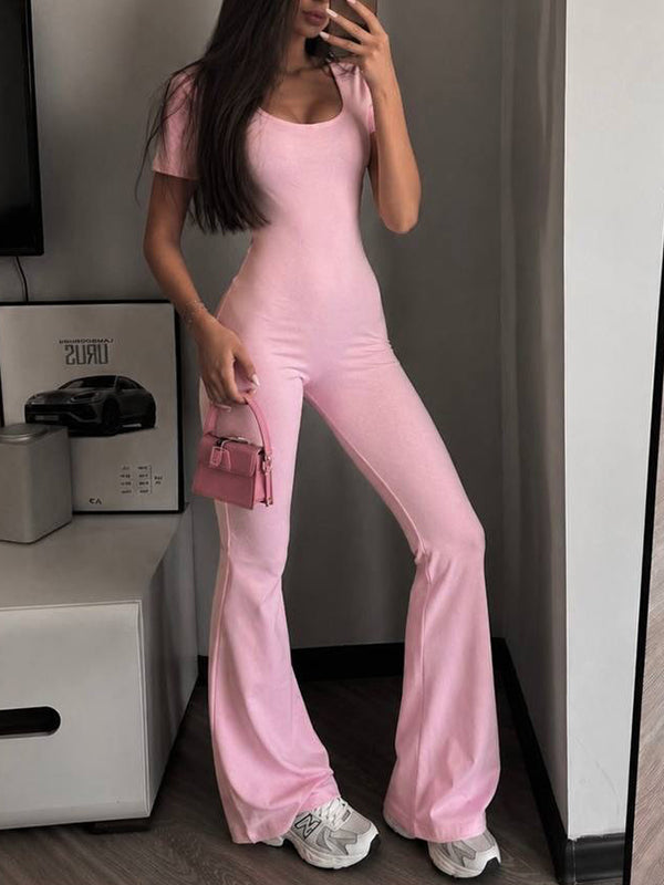 Solid Open-Back Flared Jumpsuit